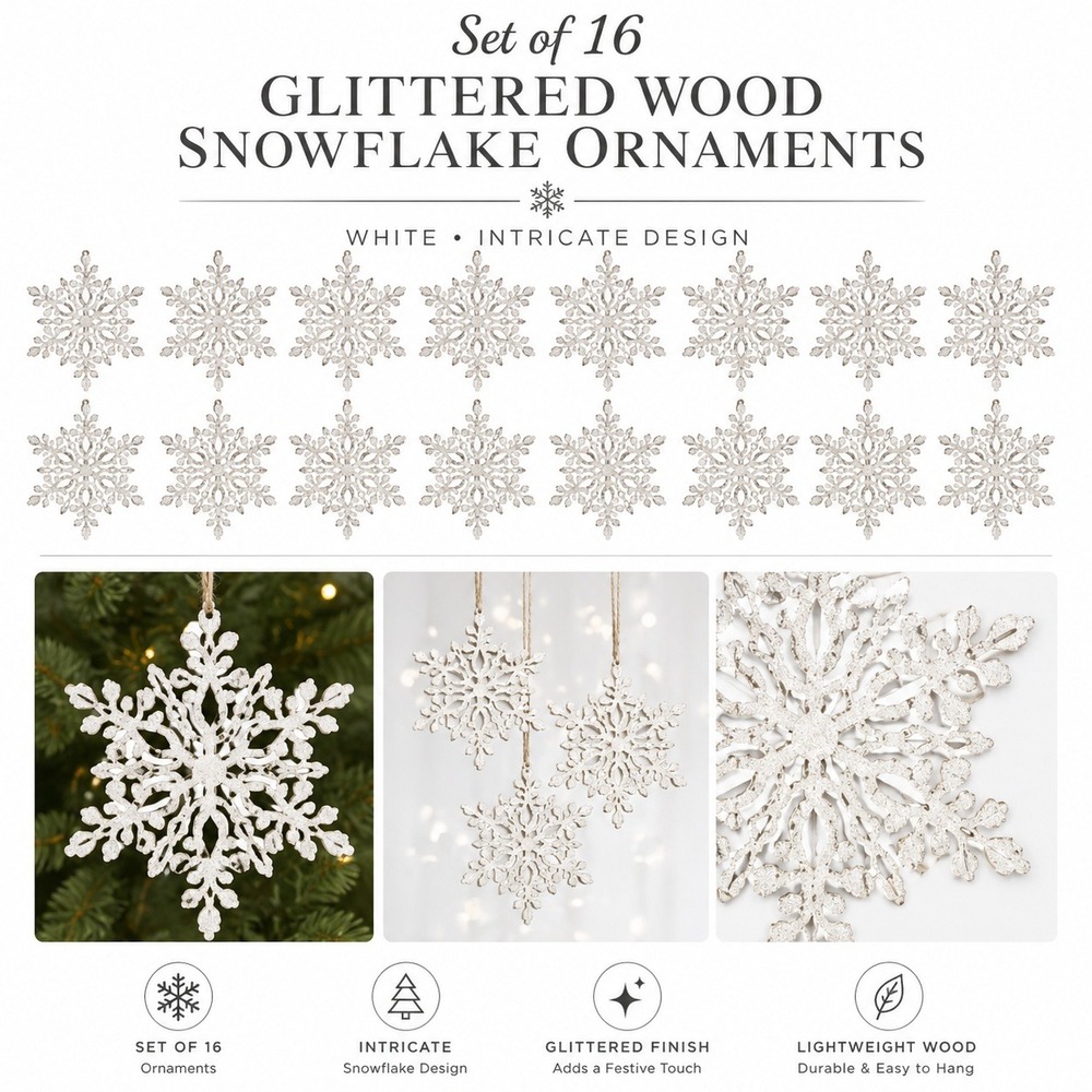 Set of 16 White Glittered Wood Snowflake‎ Ornaments Large & Small H206675